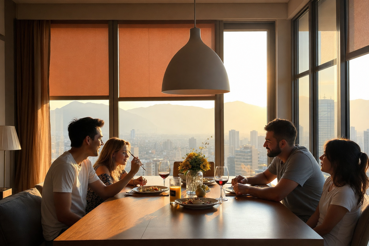 Família reunida ao redor da mesa de jantar com vista aberta da cidade