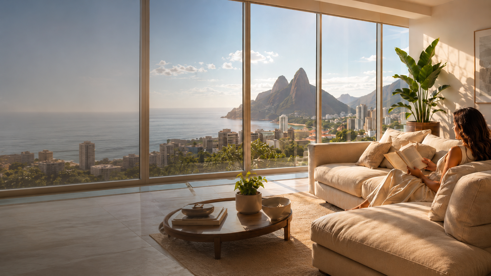 Sala de apartamento de alto padrão no Rio de Janeiro com vista ampla e cortina aberta